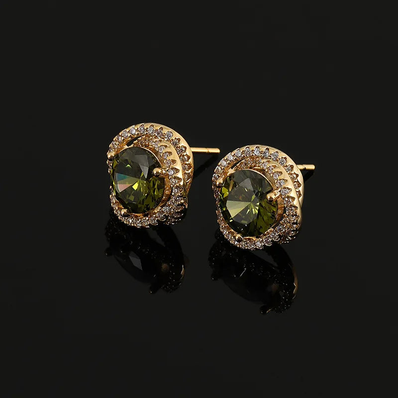 Elegant Olive Green Zircon Spiral Geometric Stud & Clip On No Piercing Gold Alloy Rhinestone Earrings