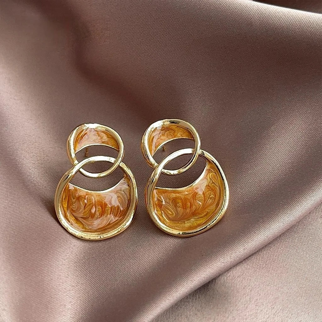 Maillard Style Double Hoop Drop Earrings, French Vintage Hollow Geometric Enamel Jewelry