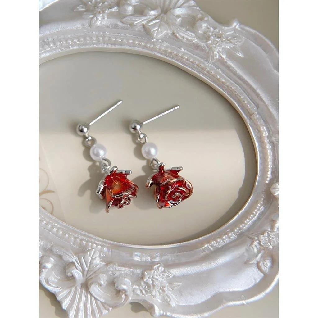 French Vintage Enamel Rose Flower Copper Drop Earrings