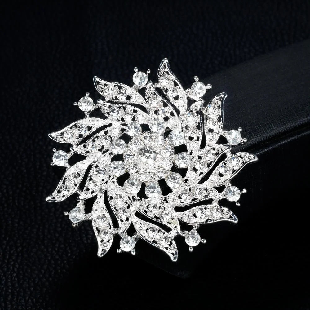 Elegant Pink Rhinestone Crystal Flower Brooch, Silver Alloy Floral Lapel Pin Corsage Suit Accessory Gift