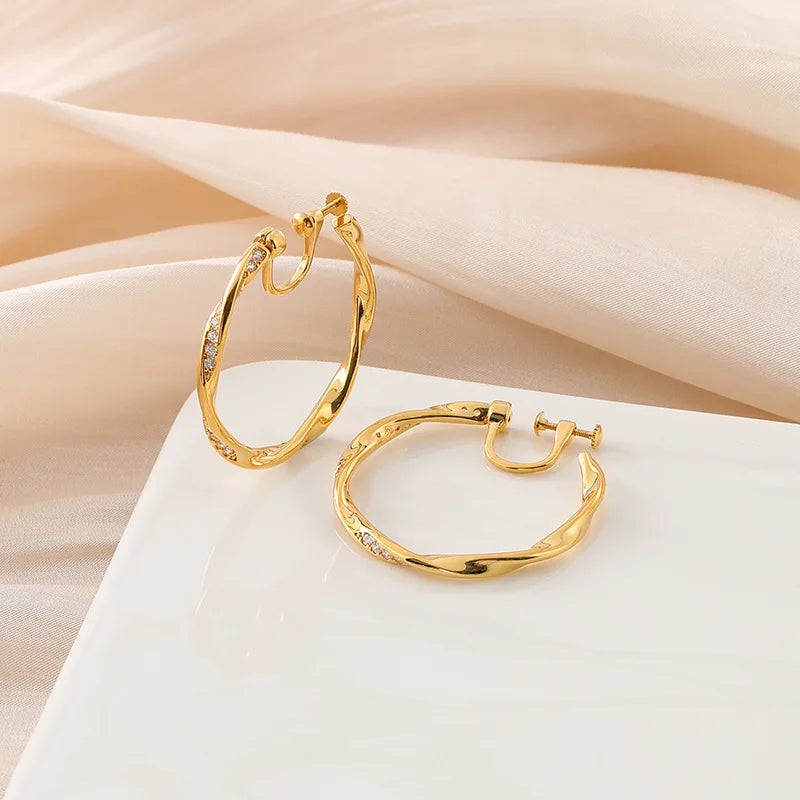 Elegant Hong Kong Style Gold Twisted Hoop Zircon Alloy Stud & Clip On No Piercing Women's Earrings