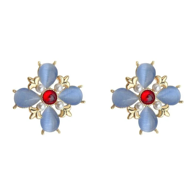 Silver Plated Copper Glass Cat Eye Stone Floral Petal Drop Earrings for Women