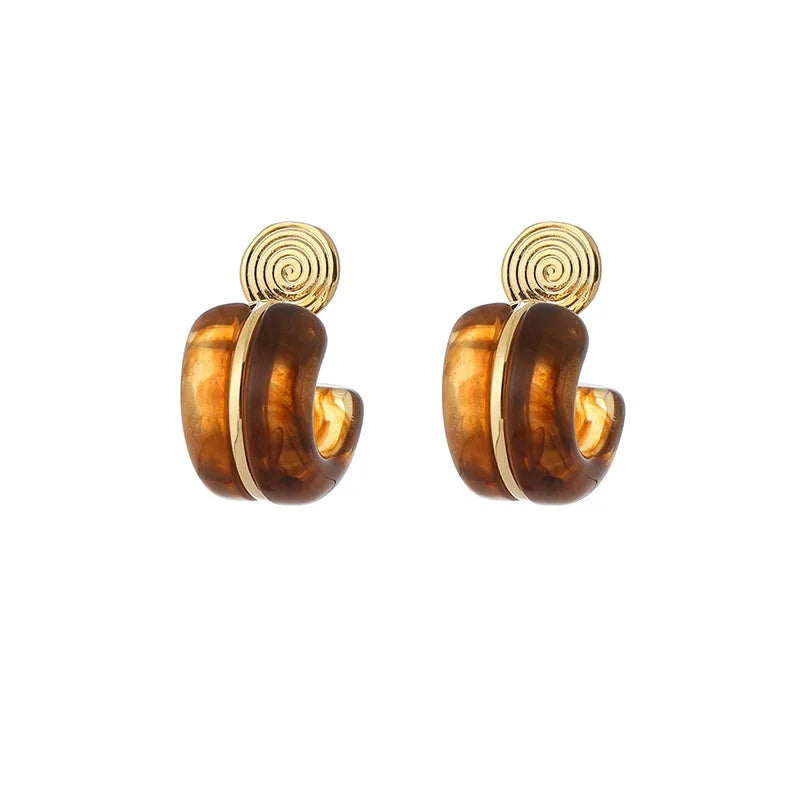 Vintage Amber Resin C-Shaped Spiral Hoop Stud & Clip On No Piercing Women's Fashion Earrings