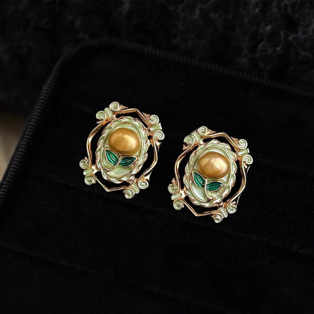 Vintage French Freshwater Pearl Floral Geometric 14K Plated Copper Stud Earrings