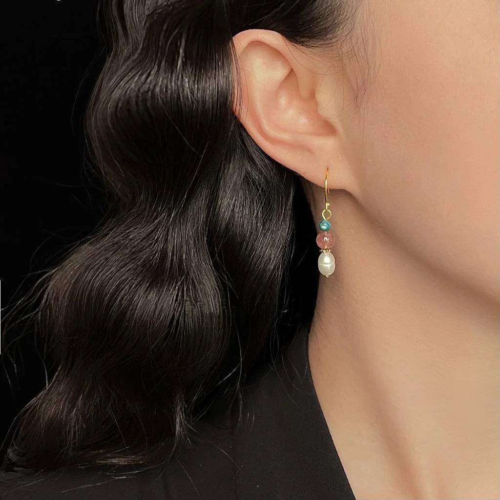 Handmade Freshwater Pearl Strawberry Quartz Drop Earrings Light Luxury Geometric Round Design