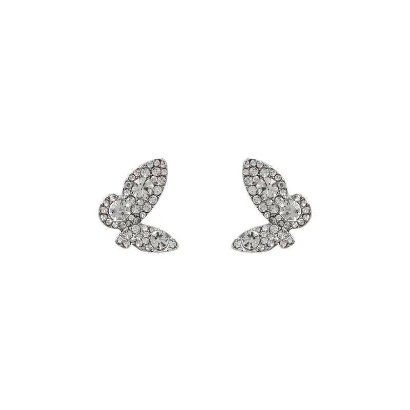 Sparkling Butterfly Glass Rhinestone Copper Stud Earrings Silver Plated Fresh Sweet Jewelry