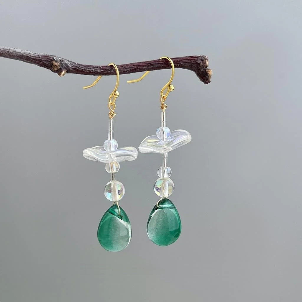 Handmade New Chinese Style Jade Color Glass Crystal Geometric Lotus Leaf Drop Earrings
