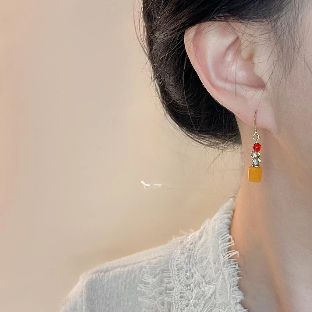 Handmade Natural Stone Geometric Drop Earrings Vintage Chinese Style Round Oval Hexagon Jewelry