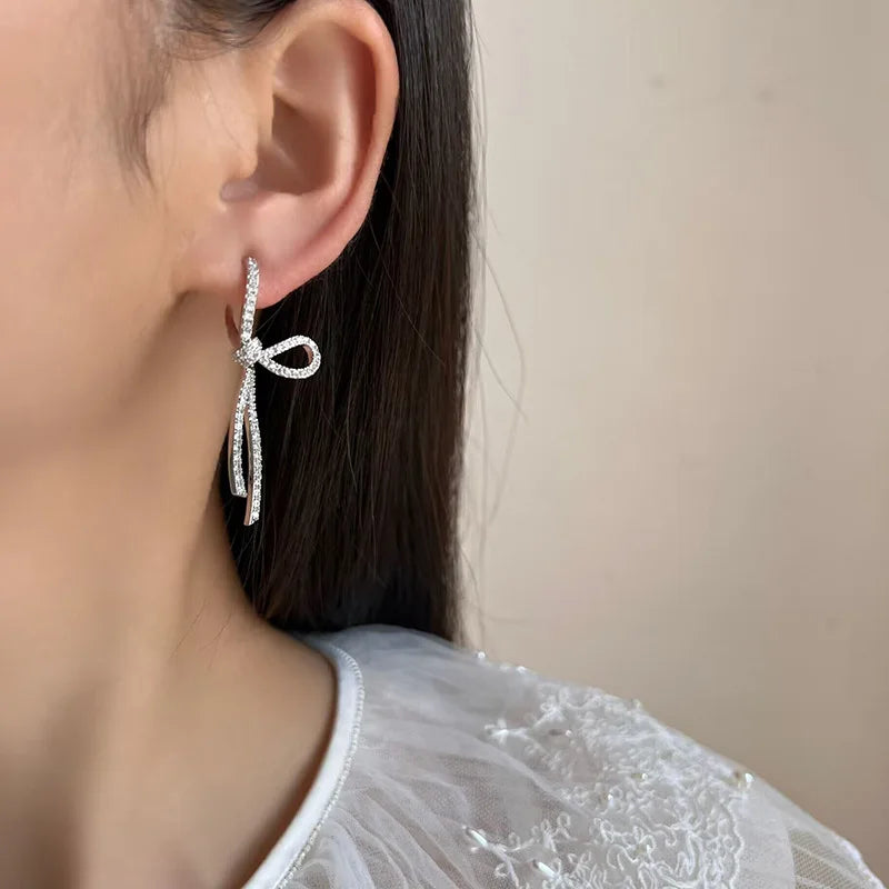 Luxury Rhinestone Bow Drop Stud & Clip On No Piercing Earrings For Women Elegant Alloy Ribbon Earrings