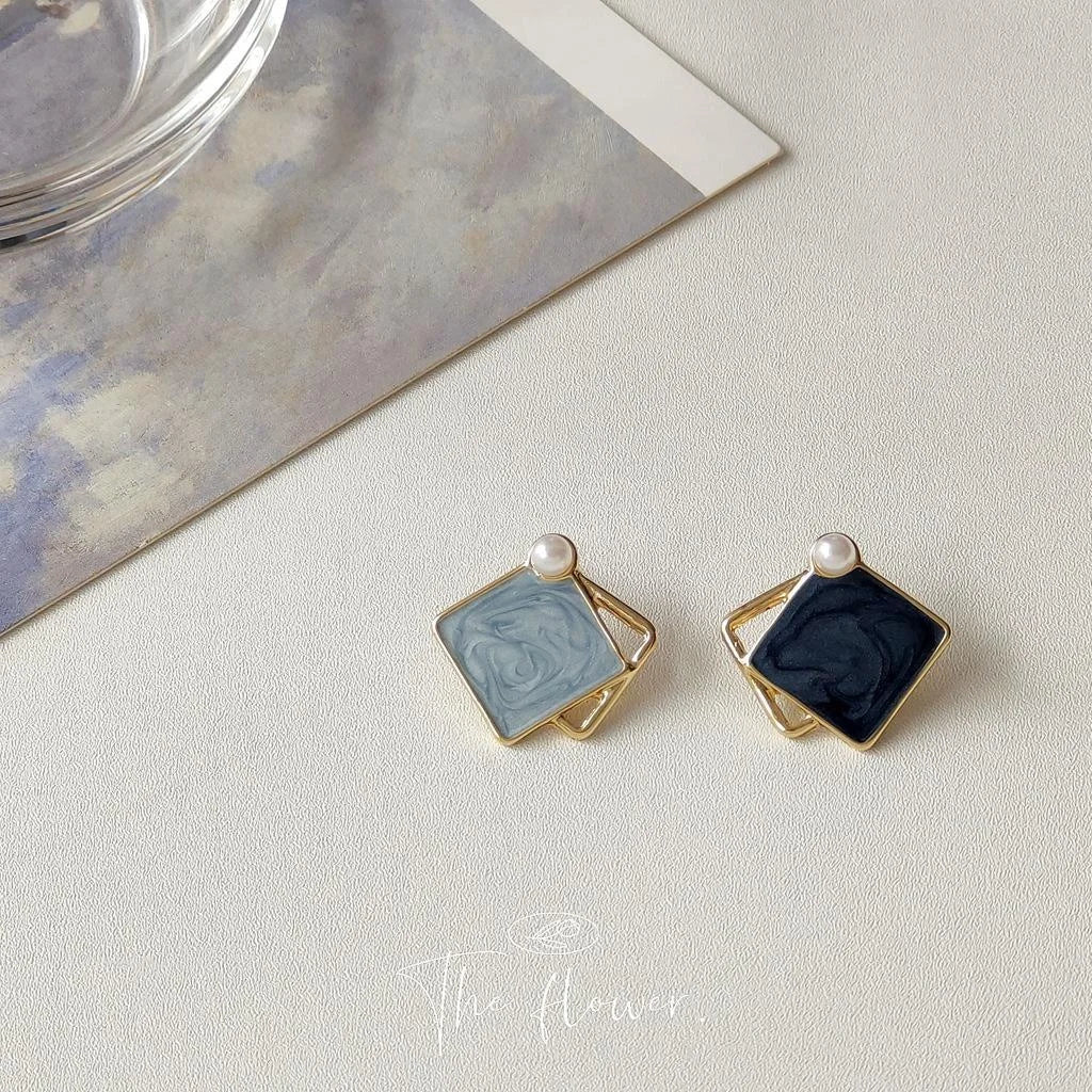 14K Plated Alloy Blue Enamel Asymmetric Square Stud Earrings Vintage Hong Kong Style