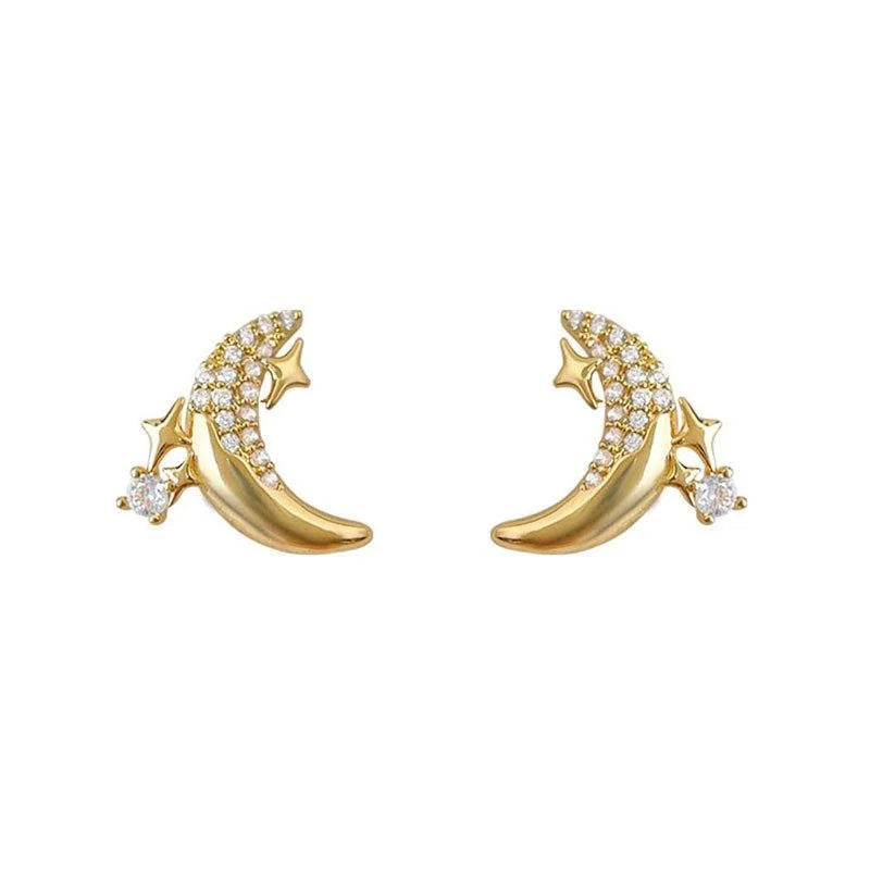 14K Plated Copper Moon Star Zircon Stud Earrings, Fashion Commuter Jewelry