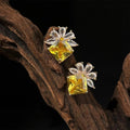 Sparkling 14K Plated Copper Zircon Flower Geometric Stud Earrings