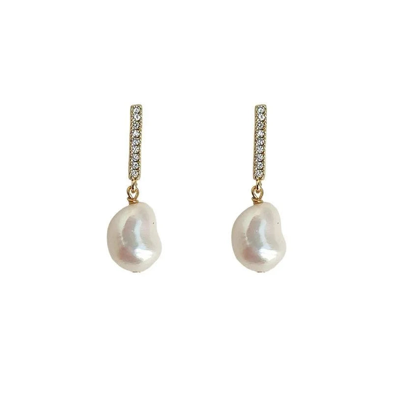 Baroque Irregular Freshwater Pearl Micro Pave Zircon Copper Stud Earrings Silver Plated Handmade Jewelry