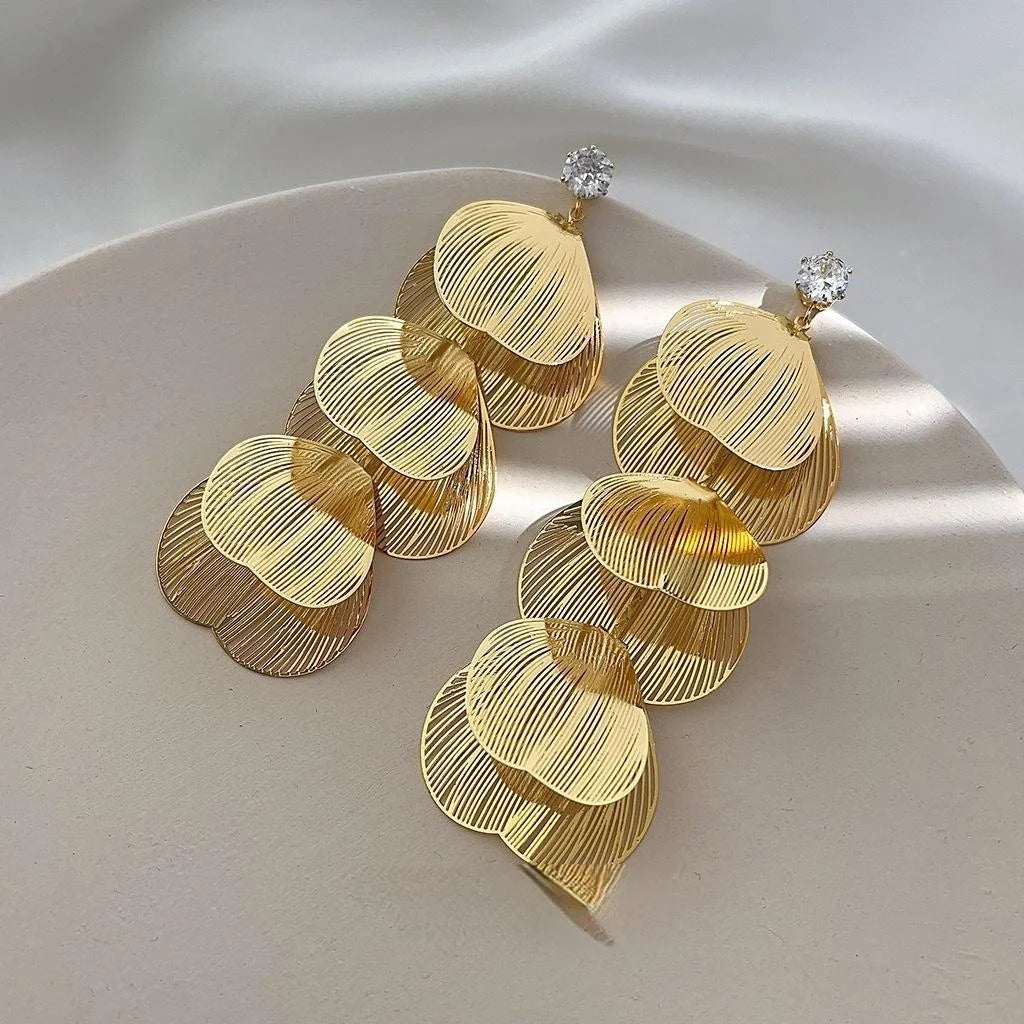 18K Gold Plated Copper Hollow Leaf Tassel Drop Earrings Elegant Evening Geometric Jewelry