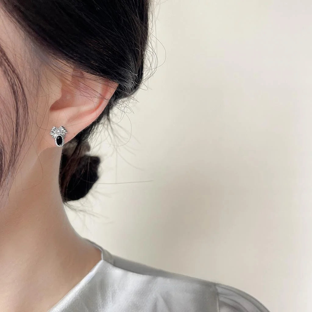 Sweet Cool Bow Stud Earrings Copper Black Zircon Pearl Minimalist Jewelry