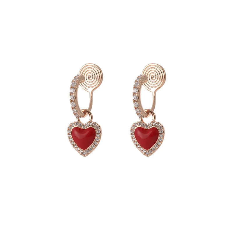 Elegant Luxury Red Enamel Heart Rhinestone Hoop Stud & Clip On No Piercing Birthday Gift Earrings