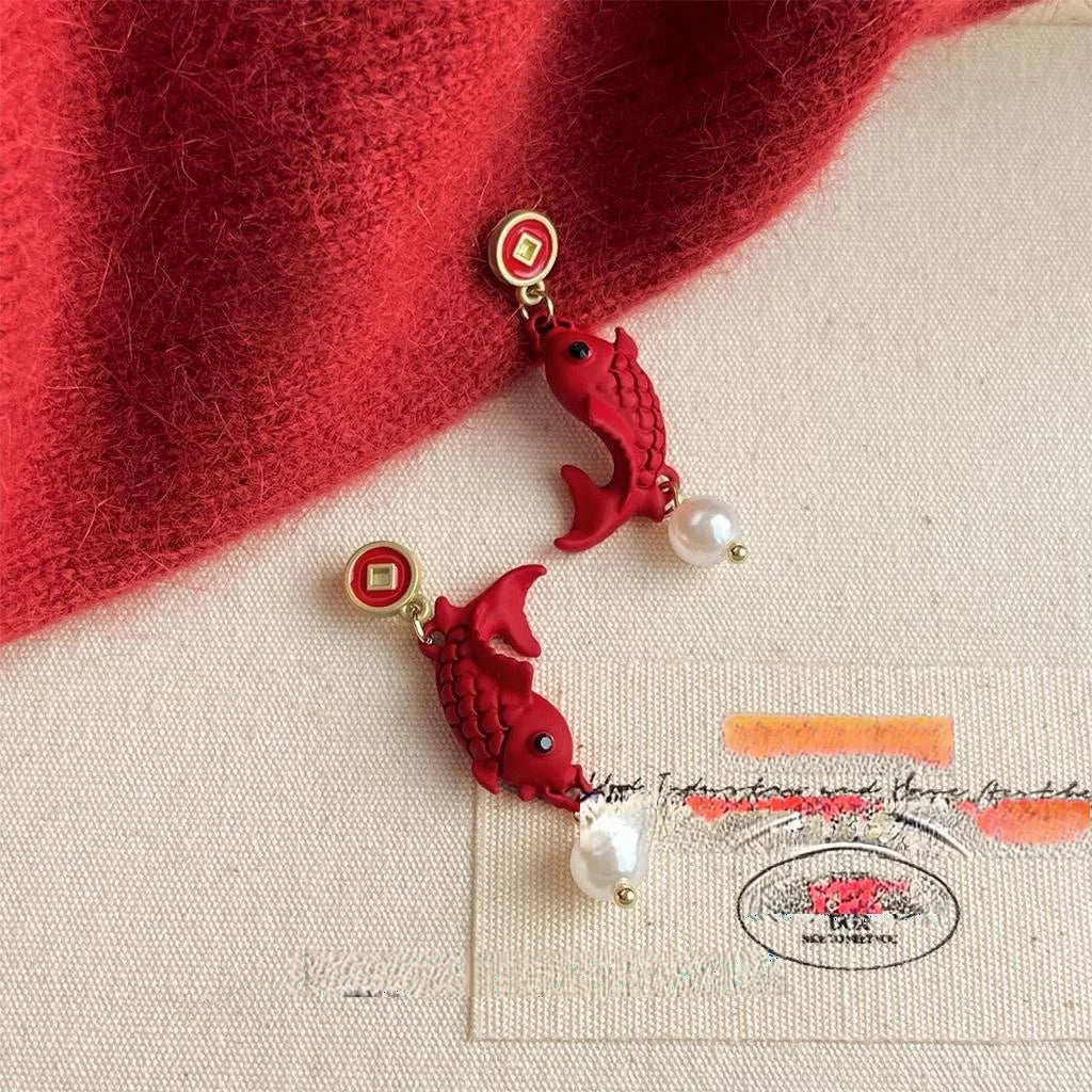 New Chinese Red Copper Snake Year Lucky Knot Geometric Drop Earrings