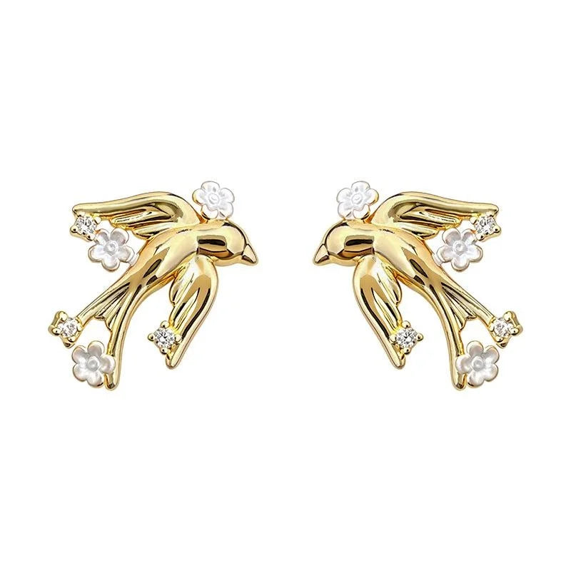 Original Chinese Style Flying Bird Micro Pave Zircon Eco Copper Stud Earrings