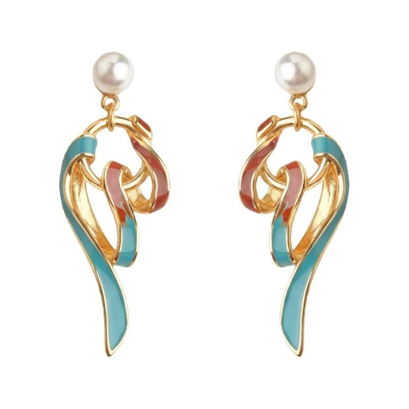 Dunhuang Inspired Ribbon Drop Earrings Handmade Painted Copper Enamel Drip Glaze Pearl Chic Jewelry