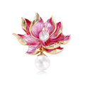 Elegant Pink Enamel Lotus Flower Brooch With Faux Pearl, Gold Alloy Lapel Pin For Qipao Suit Accessory Gift