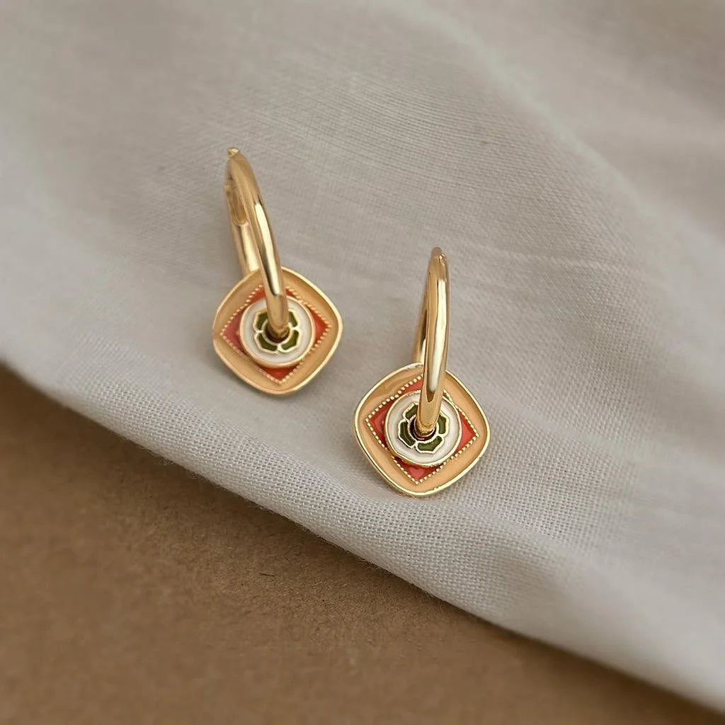 Designer Chinese Style Enamel Painted Geometric Copper Drop Earrings For Women