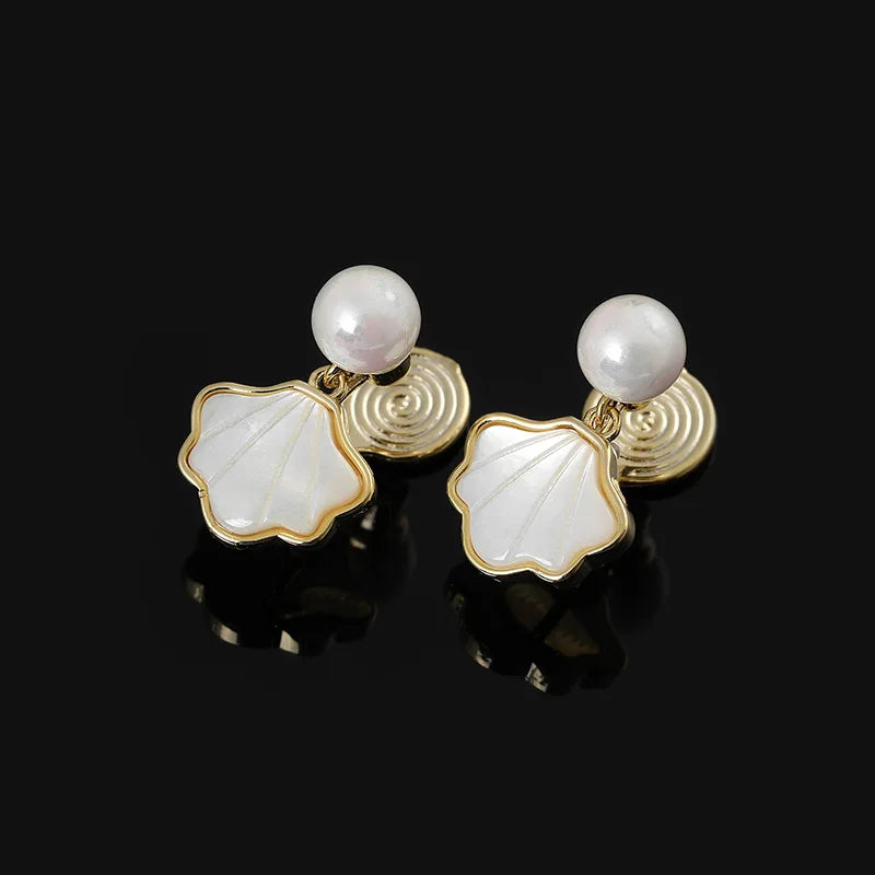 Elegant Pearl Shell Spiral Alloy Stud & Clip On No Piercing Sweet Mermaid Scallop Drop Earrings