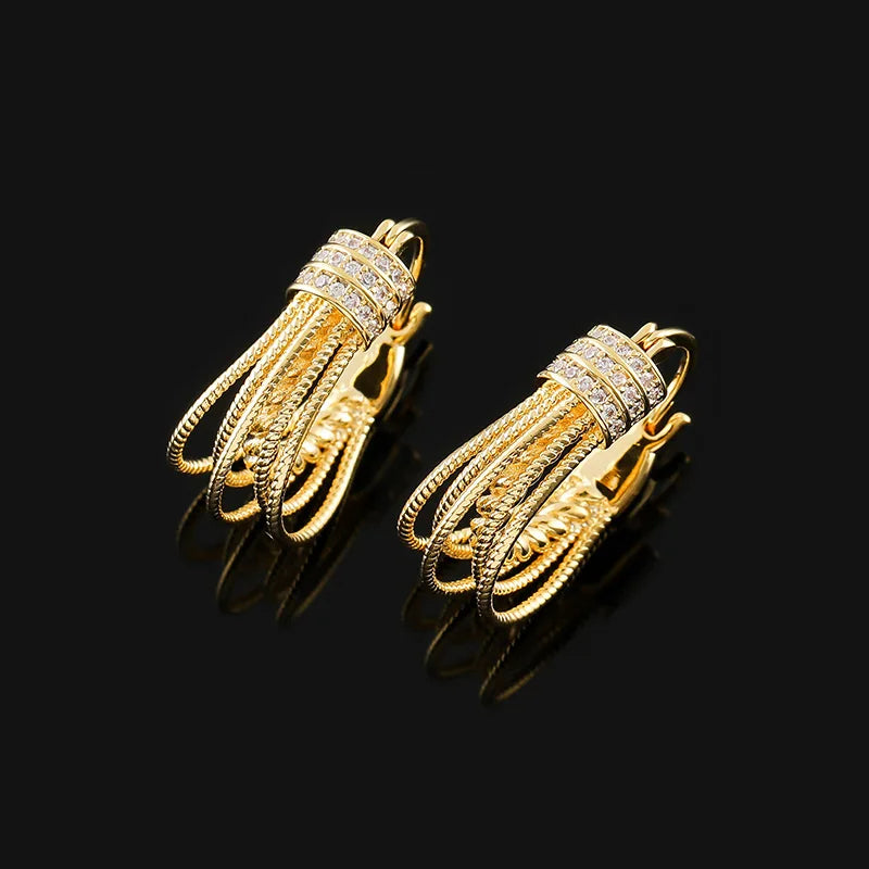 Luxury Gold Alloy Spiral Tassel Hoop Rhinestone Stud & Clip On No Piercing Statement Earrings