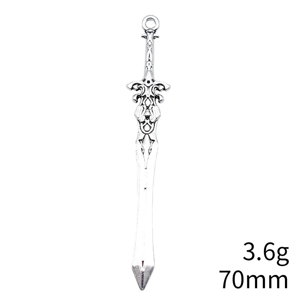 70mm 3.6g Antique Silver Zinc Alloy Cosplay Weapon Sword Charm Pendant for DIY Jewelry Making