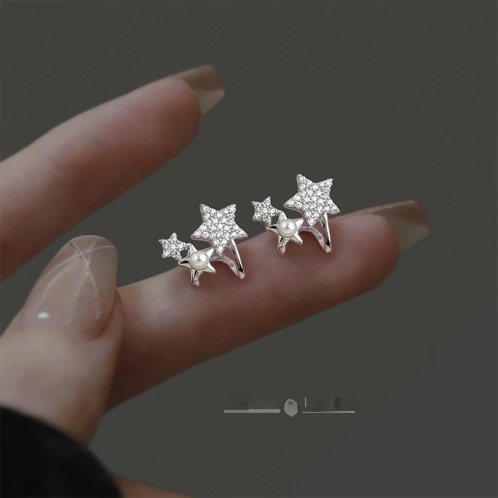 Sweet Cool Copper Micro Pave Zircon Double Layer Star Stud Earrings Minimalist Commuter Jewelry