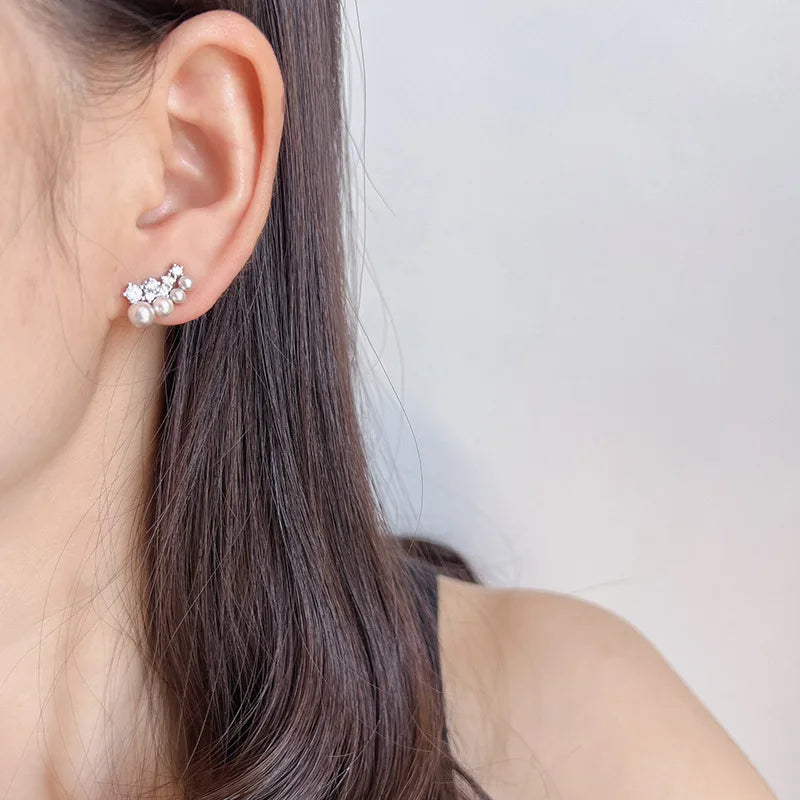 Elegant Luxury Smile Arc Pearl Zircon Alloy Stud & Clip On No Piercing Curved Cluster Earrings
