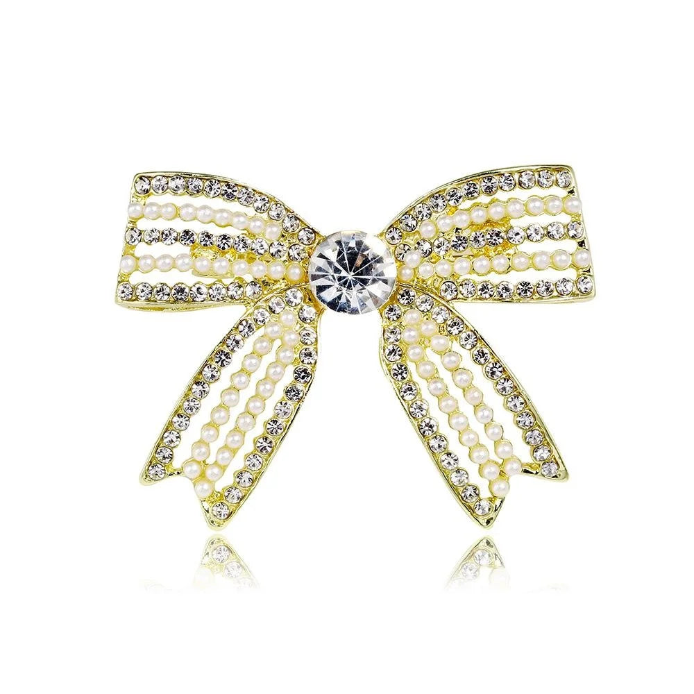 Elegant Korean Style Pearl Rhinestone Bow Brooch Luxury Alloy Lapel Pin Corsage For Suit Accessory Gift