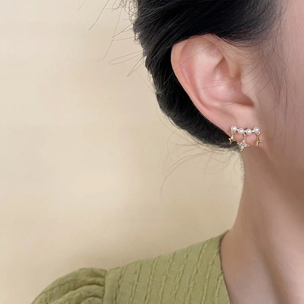 Versatile Copper Zircon Meteor Arc Stud Earrings With Pearl Star Smile Design