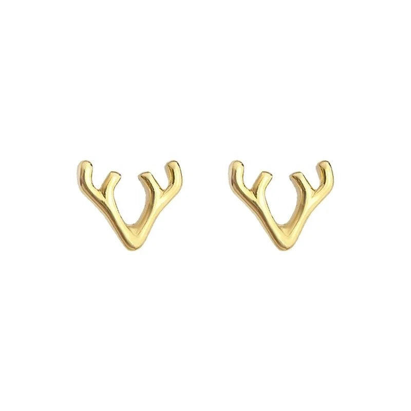 14K Gold Plated Copper Mini Deer Antler Stud Earrings, Cute Christmas Animal Jewelry