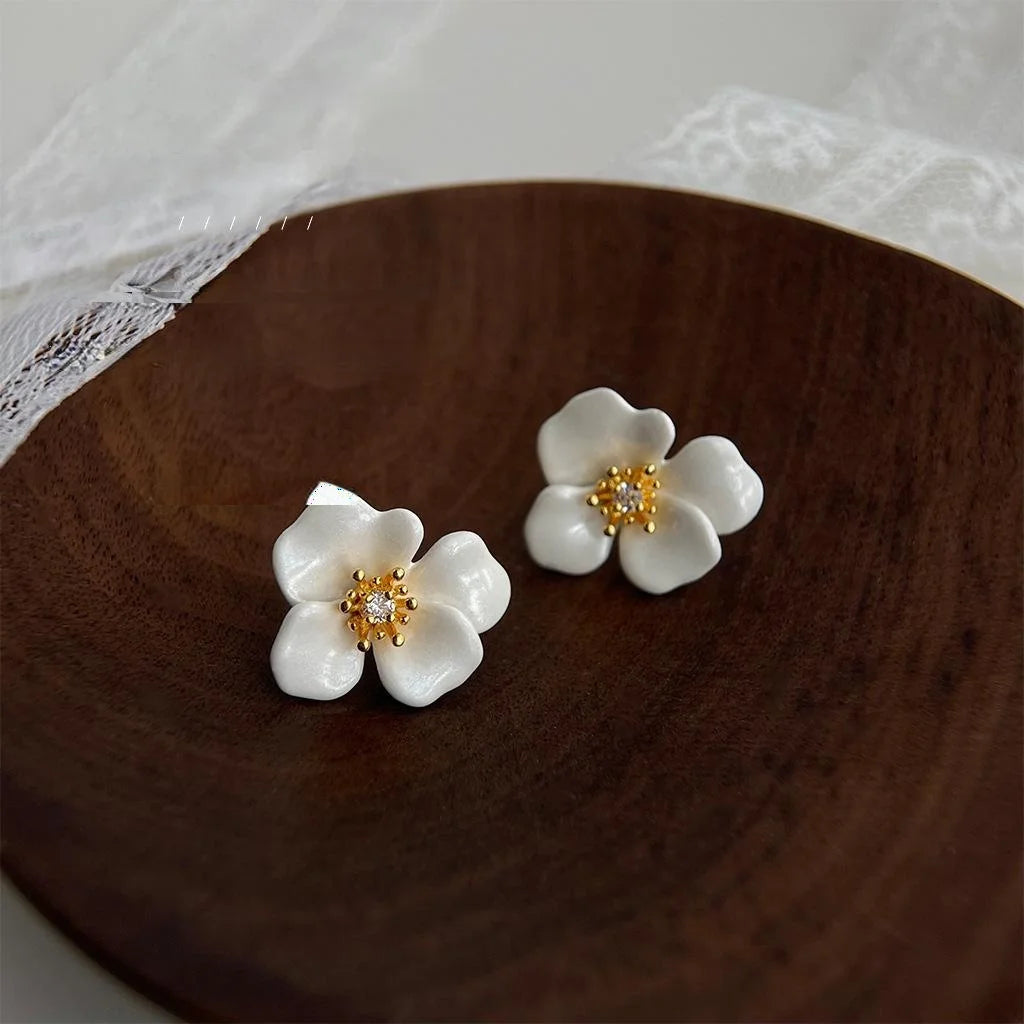 Sweet Copper Micro Pave Zircon Enamel Orchid Flower Stud Earrings For Elegant Everyday Wear