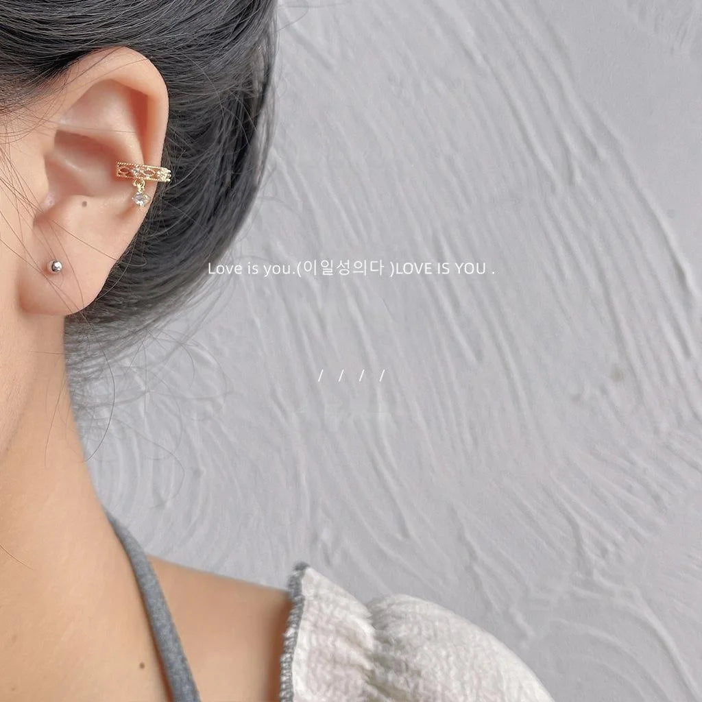 French Style 14K Gold Plated Copper Micro Pave Zircon Hoop Ear Clip Drop Earrings
