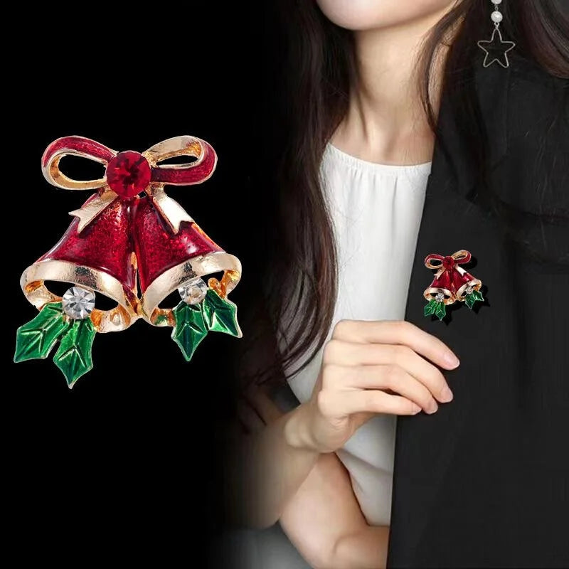 Elegant Enamel Christmas Bell Brooch With Rhinestone Bow, Alloy Lapel Pin Corsage Suit Accessory Gift