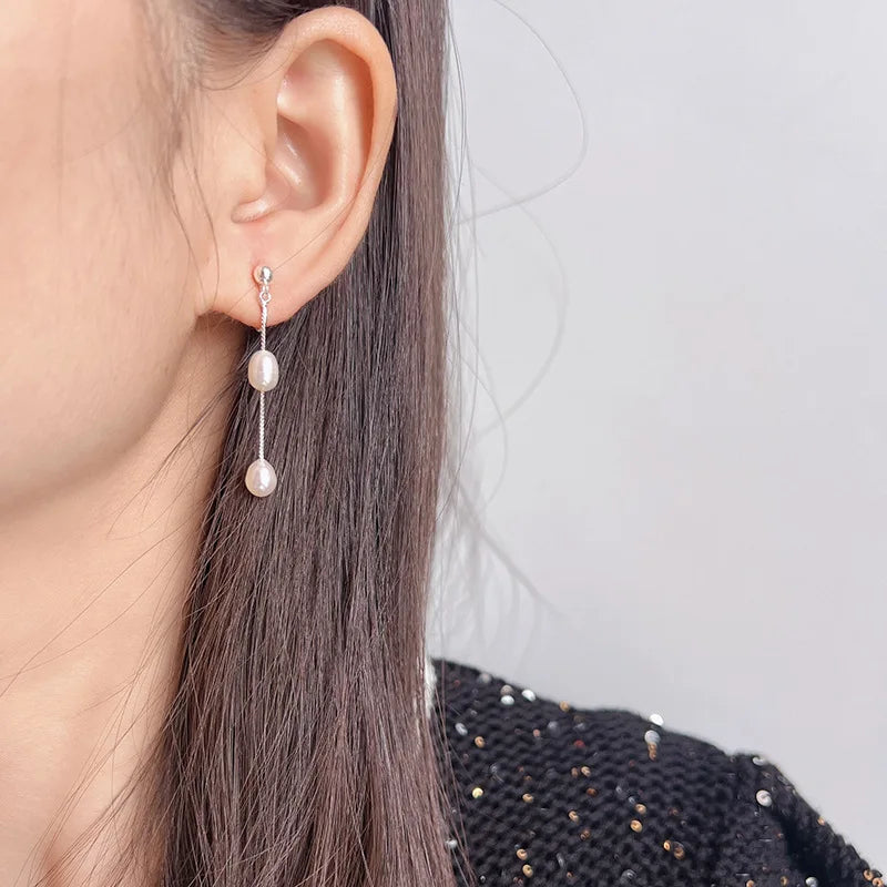 Elegant Freshwater Pearl Chain Tassel Spiral Disc Stud & Clip On No Piercing Long Drop Earrings