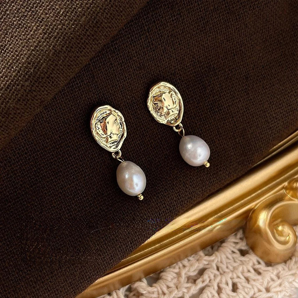French Vintage Baroque Irregular Oval Freshwater Pearl 14K Plated Copper Handmade Stud Earrings
