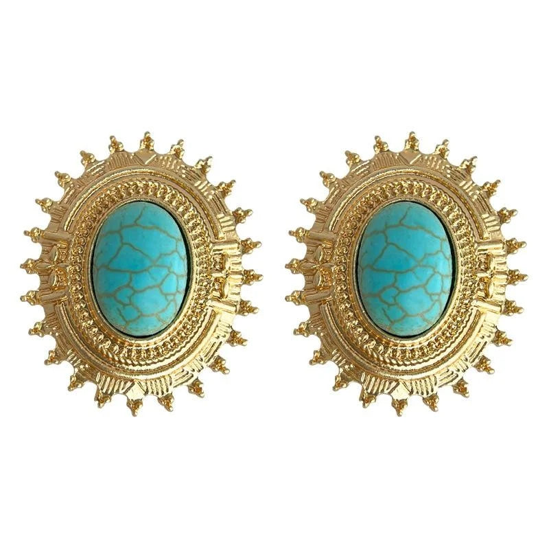 Vintage Oval Synthetic Turquoise Copper Sunflower Court Style Drop Earrings For Women