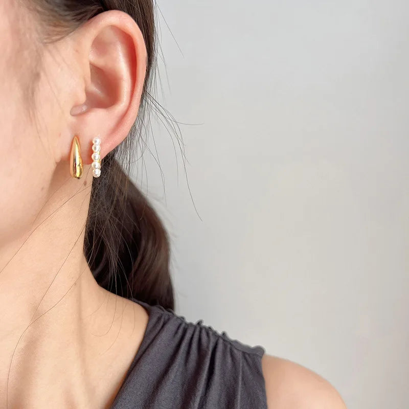 Elegant Gold Alloy Teardrop Double Layer Pearl Hoop Stud & Clip On No Piercing Women's Earrings