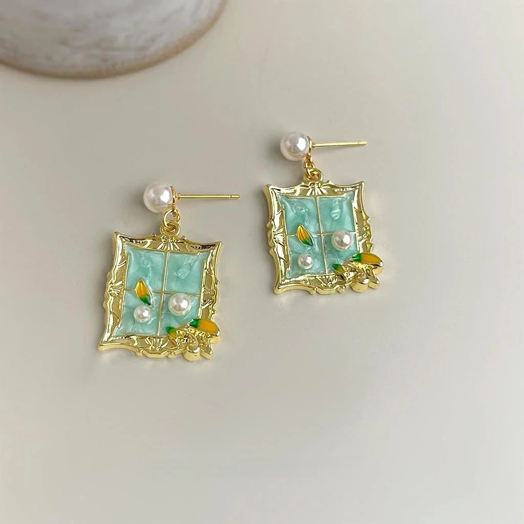 Monet Garden Fresh Sweet Summer Vacation Copper Enamel Geometric Drop Earrings