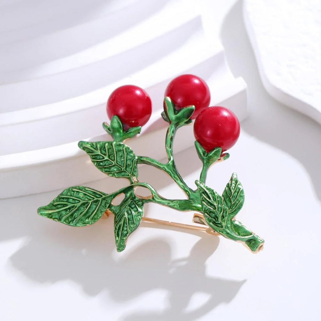 Cute Enamel Cherry Branch Brooch For Women, Alloy Fruit Lapel Pin Corsage Suit Accessory Gift