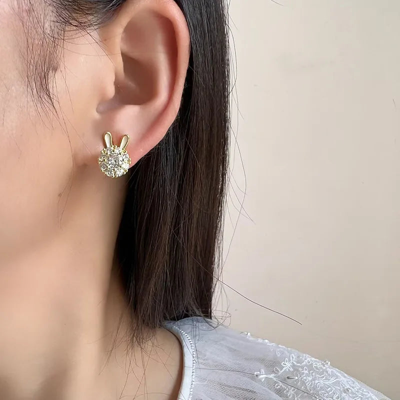Elegant Zircon Rabbit Bunny Stud & Clip On No Piercing Gold Alloy Sweet Rotatable Ear Cuff Earrings