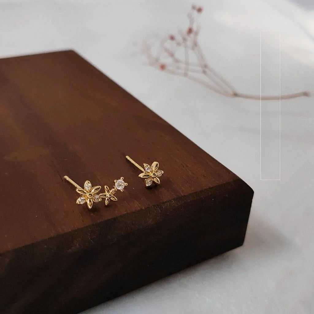 Gold Plated Copper Asymmetric Zircon Flower Stud Earrings With Silver Plated Pins, Fresh Minimalist