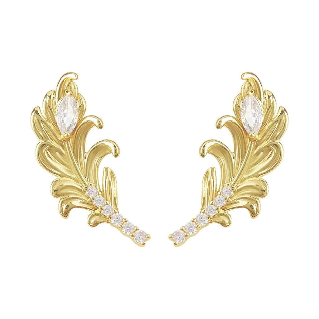 Niche Designer Micro Pave Zircon Feather Quill Copper Stud Earrings For Women