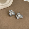 Light Luxury Copper High Luster Pearl Stud Earrings Irregular Floral Geometric Ruffle Design