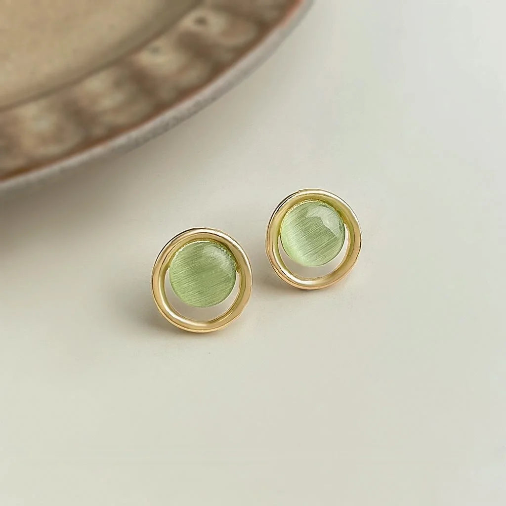 Fresh Green Glass Cat Eye Stone Round Geometric Copper Stud Earrings For Commuting