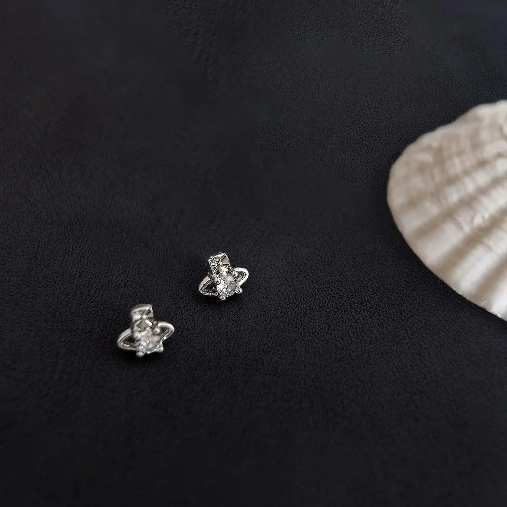Mini Saturn Zircon Stud Earrings For Women, Copper, Simple Geometric Style