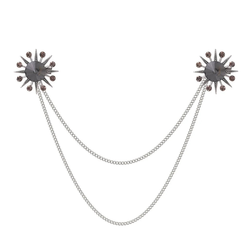 Luxury Sunburst Rhinestone Double Chain Brooch With Large Gem, Elegant Collar Lapel Pin Suit Accessory