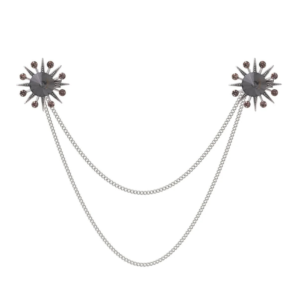 Luxury Sunburst Rhinestone Double Chain Brooch With Large Gem, Elegant Collar Lapel Pin Suit Accessory